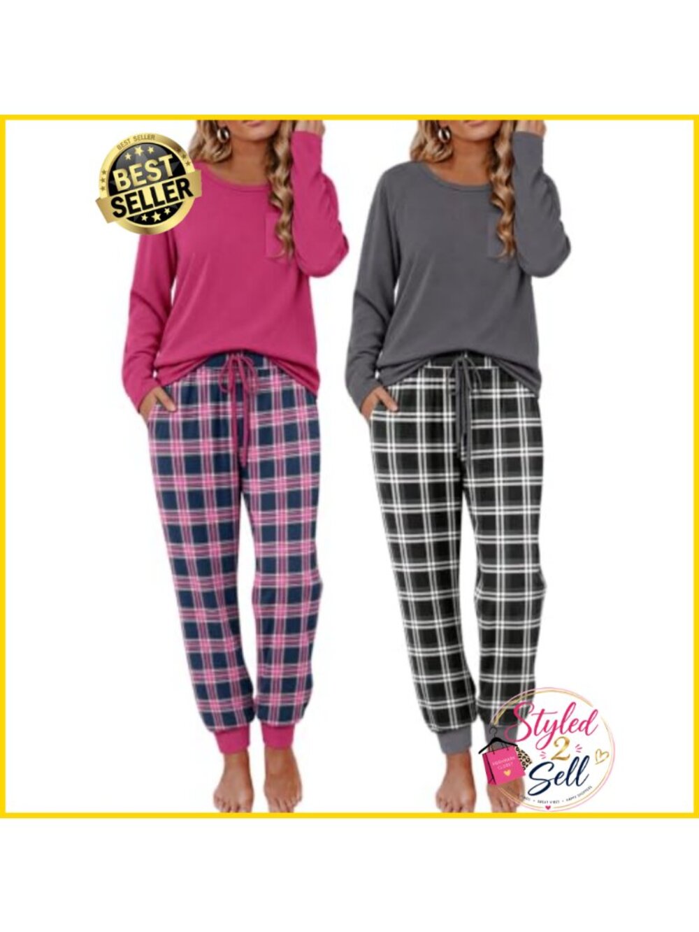 2 Pack Women's Long Sleeve Pajama Sets Soft Comfy Lounge Sleepwear
